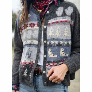 Vintage Northern Reflections Wool Cardigan Sweater S Winter Bear Ski Ice Skate